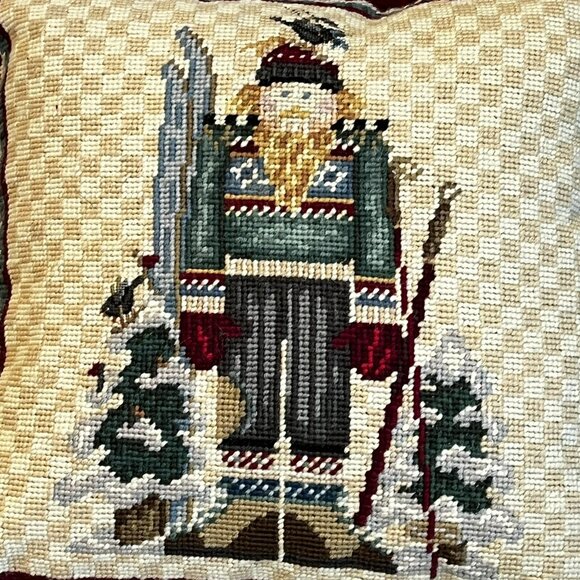 NEW Debbie Mumm Needlepoint Christmas Pillow Nordic Skier Wool Velvet 14" Square - Picture 2 of 6